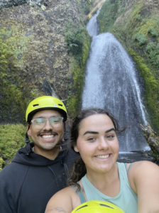 Bike riders with helmets at Wahkeena Falls